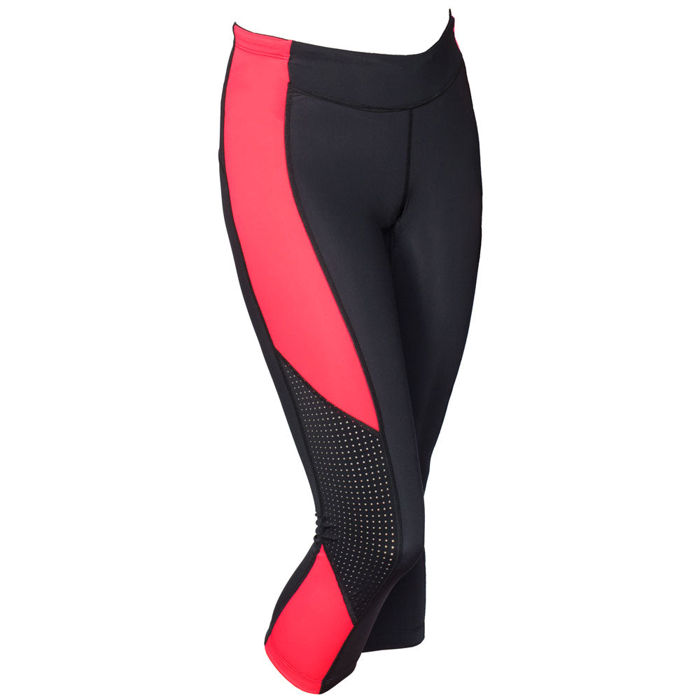 Triathlon capri pants with fluorescent red side panel.